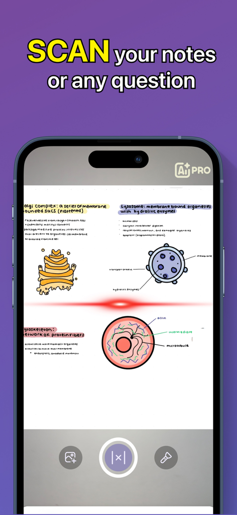 Yolk AI: Einstein AI Method - Smartphone screen using Yolk AI to scan biology study notes featuring diagrams of cell organelles