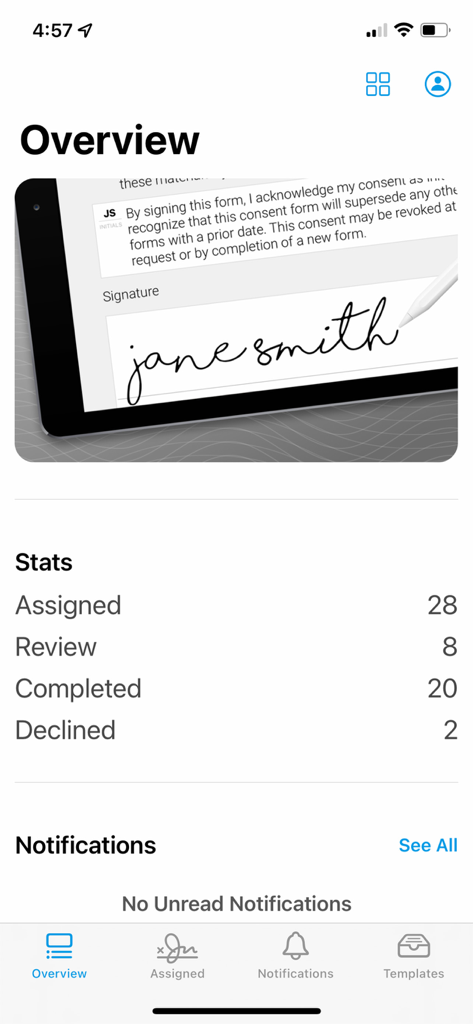 TouchMD Dashboard - for Staff - TouchMD Dashboard overview displaying medical consent statistics and a digital signature