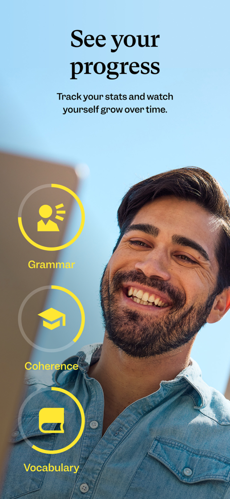 App interface showing progress tracking for grammar coherence and vocabulary with a smiling man