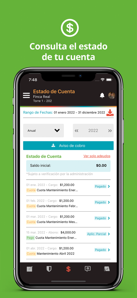 Vivook mobile app showing property maintenance fee payment history and account statement status.