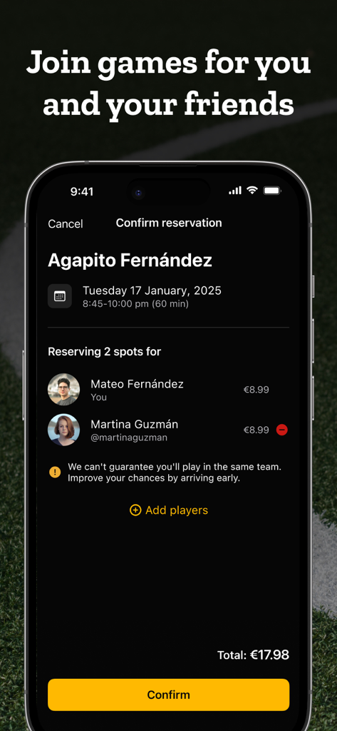 CeleBreak app screen for confirming a soccer game reservation with friends