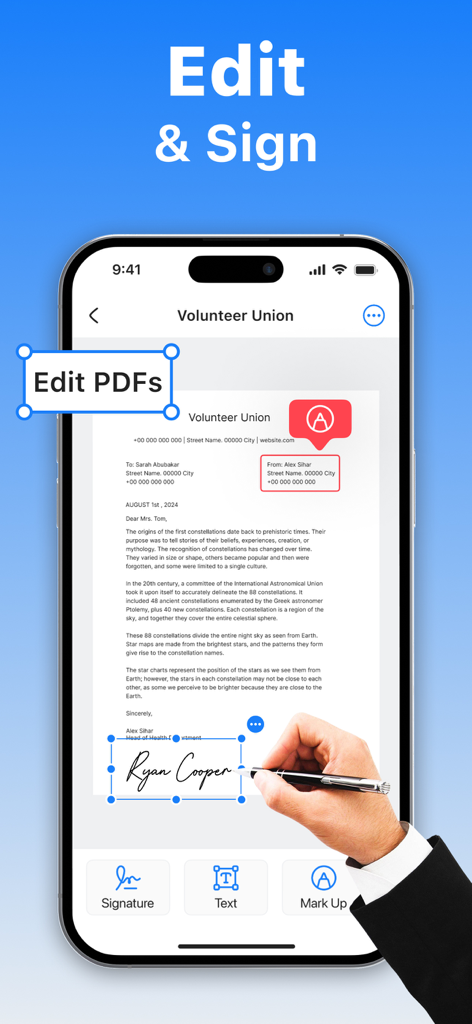 モバイルPDFドキュメントスキャナーアプリの編集およびデジタル署名機能を示すスマートフォンの画面