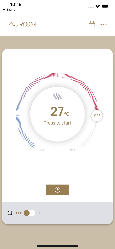 Auroom - Interface minimaliste de l'application Auroom avec un cadran circulaire pour le réglage de la température du sauna à distance