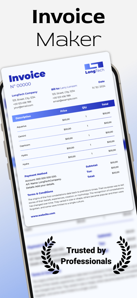 Invoice Maker & Receipt App・ - Smartphone displaying a professional PDF invoice generated by the Invoice Maker app.