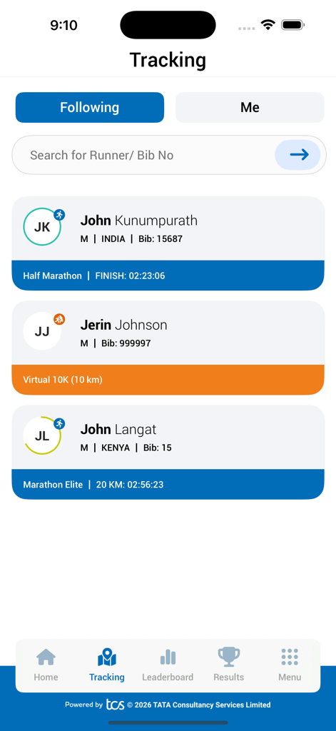 Mobile app interface for tracking marathon runners in real time