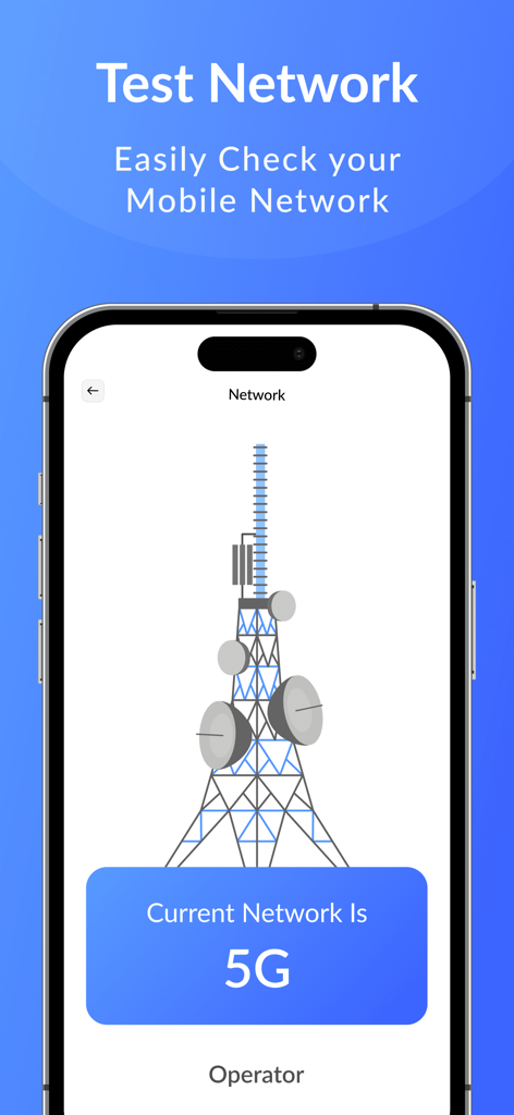 Interfaz de aplicación móvil que muestra el estado actual de la red como 5G con una ilustración de una antena celular