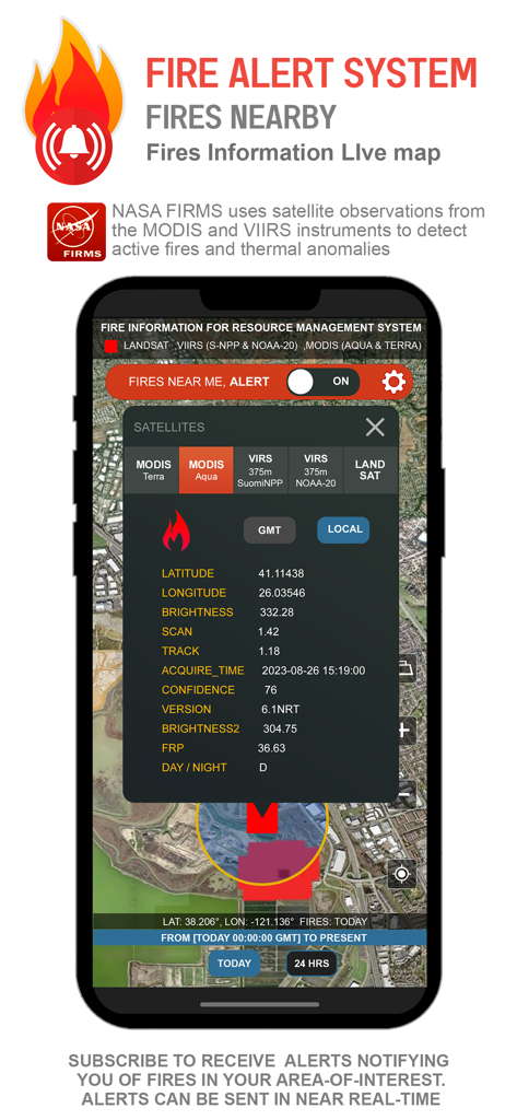 Interfaz móvil de Fires Live Map, Alerts & Info mostrando rastreo de incendios forestales en tiempo real y alertas satelitales de la NASA