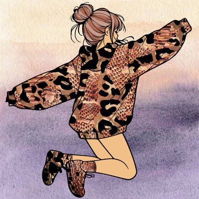 realistic girl jumping with a bun and oversized sweatshirt