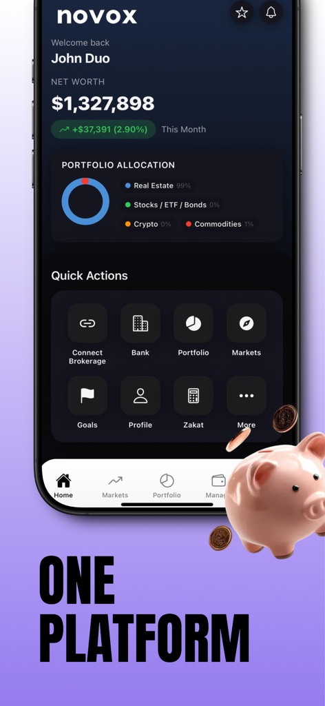 novo-x - Novox app interface displaying total net worth and asset allocation breakdown
