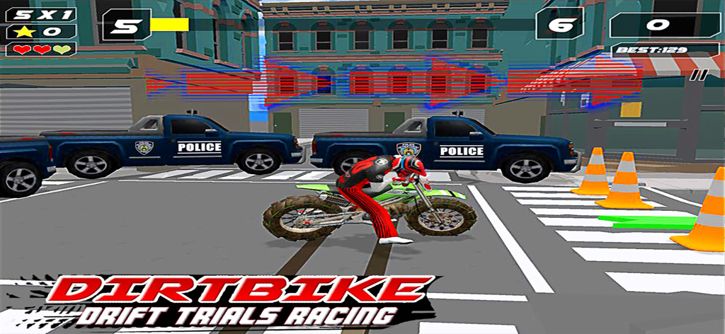 Dirt Bike Drift Trails Racing - A dirt bike rider drifting on a city street in a racing game