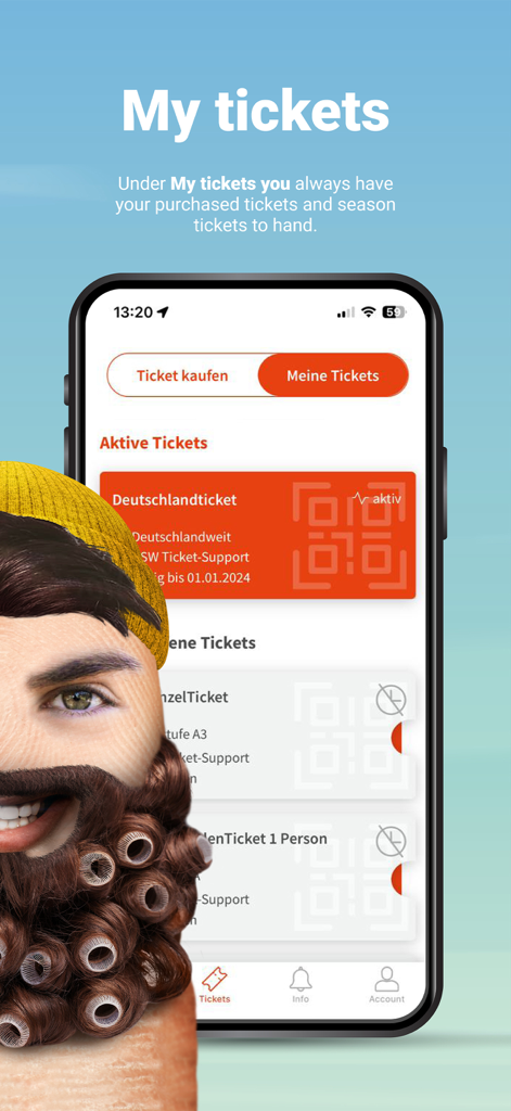 DSW21-App - Smartphone screen showing the digital ticket management section of the DSW21 app with a QR code for a Deutschlandticket.