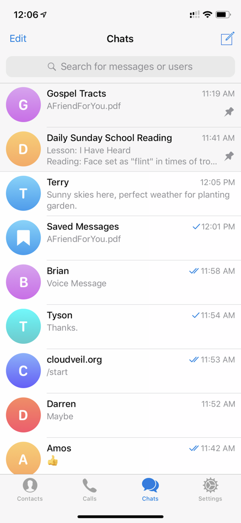 CloudVeil Messenger - Interface of CloudVeil Messenger displaying a list of chat conversations including Sunday school readings and personal messages