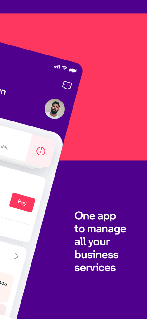 stc Business BH - Mobile dashboard of the stc Business BH app showing a user profile and options to manage and pay for business services.
