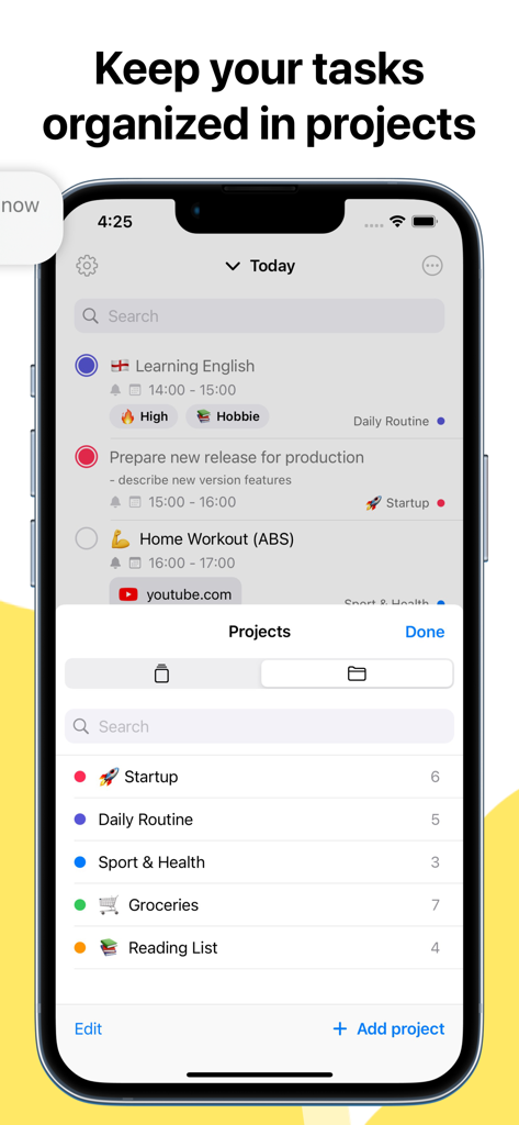 To-Do List & Tasks for Notion - Interfaz de un gestor de tareas para Notion que muestra tareas organizadas en carpetas de proyectos.