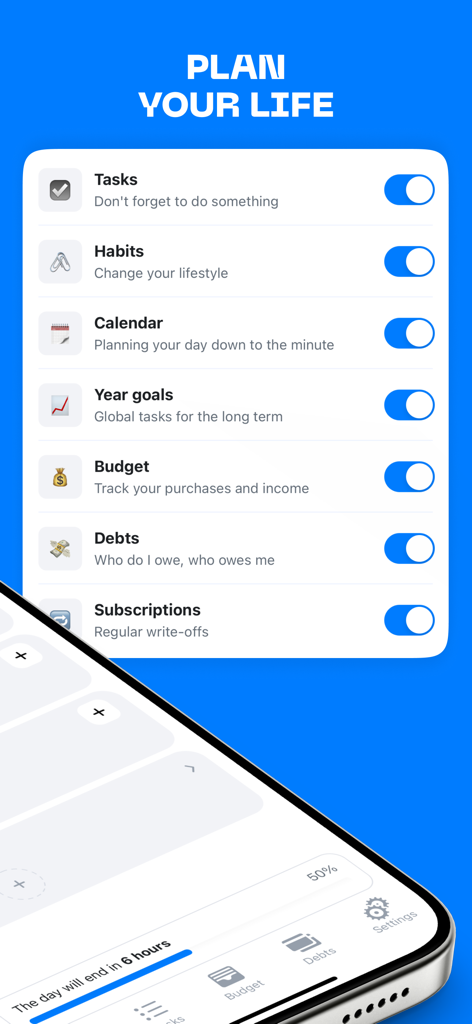 Una lista de funciones de gestión de la vida en la aplicación MyLife que incluyen presupuesto, tareas, hábitos y configuración del calendario