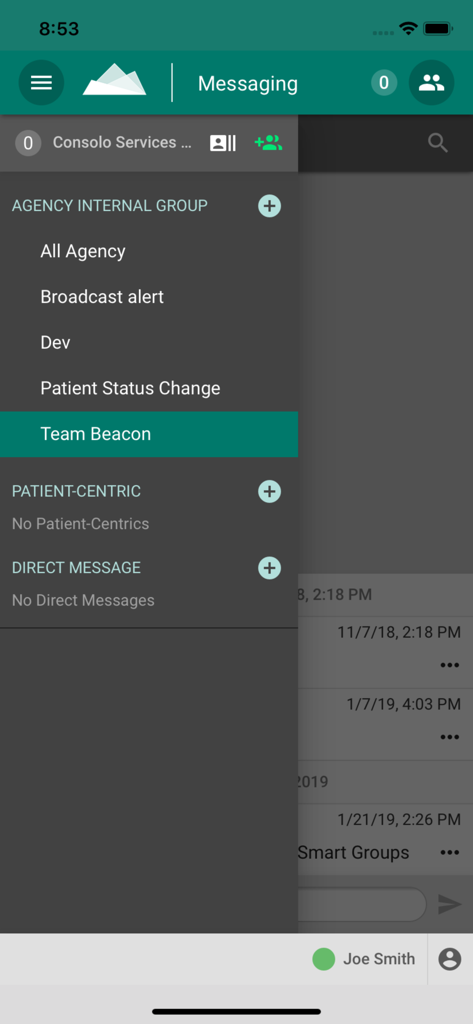 Seitenleiste der WellSky Secure Messaging App mit internen Agenturgruppen und patientenzentrierten Kategorien
