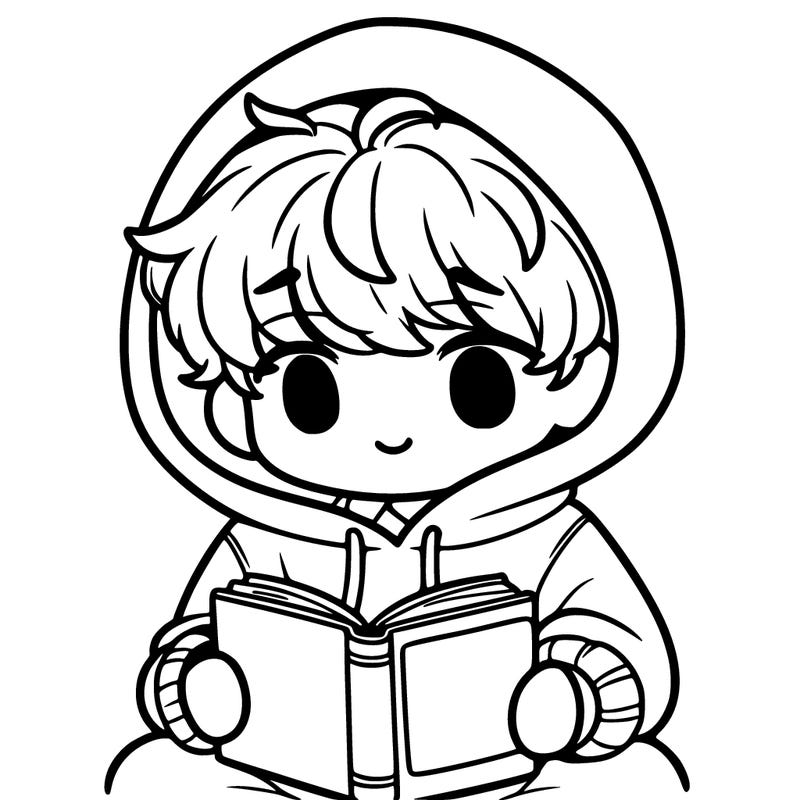 cute boy with fluffy hair an an oversized hoodie reading a book