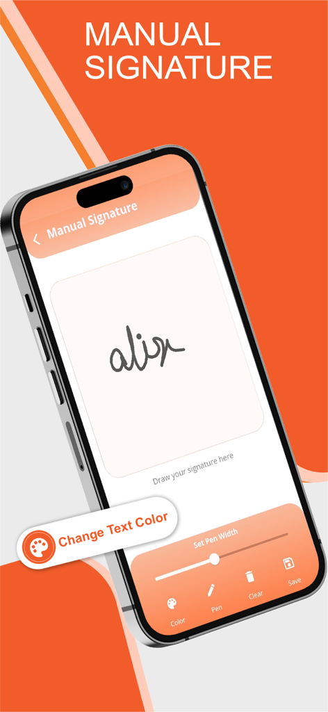 Digital Signature Stamp E Sign - iPhone screen showing the manual signature drawing feature with pen customization options in the Digital Signature app.