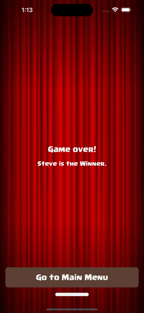 Love Messenger - Game over screen for Love Messenger social deduction game declaring a winner over a red curtain background