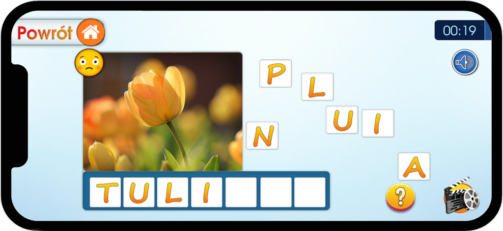 Literki T i D - Juego educativo de deletreo de palabras en la aplicación Literki T i D que muestra a un niño aprendiendo a deletrear la palabra polaca para tulipán