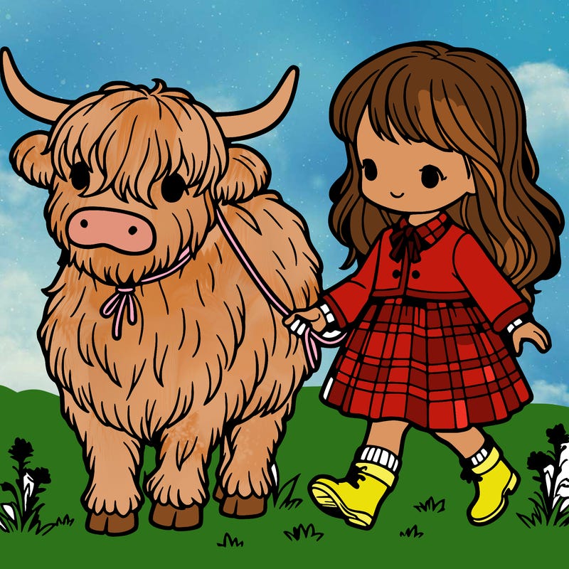 girl walking highland cow