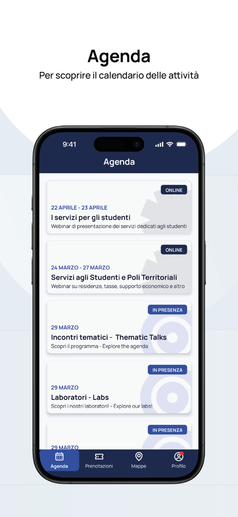 Smartphone screen showing the event agenda of the Open Day Polimi app with a list of online webinars and in-person lab tours