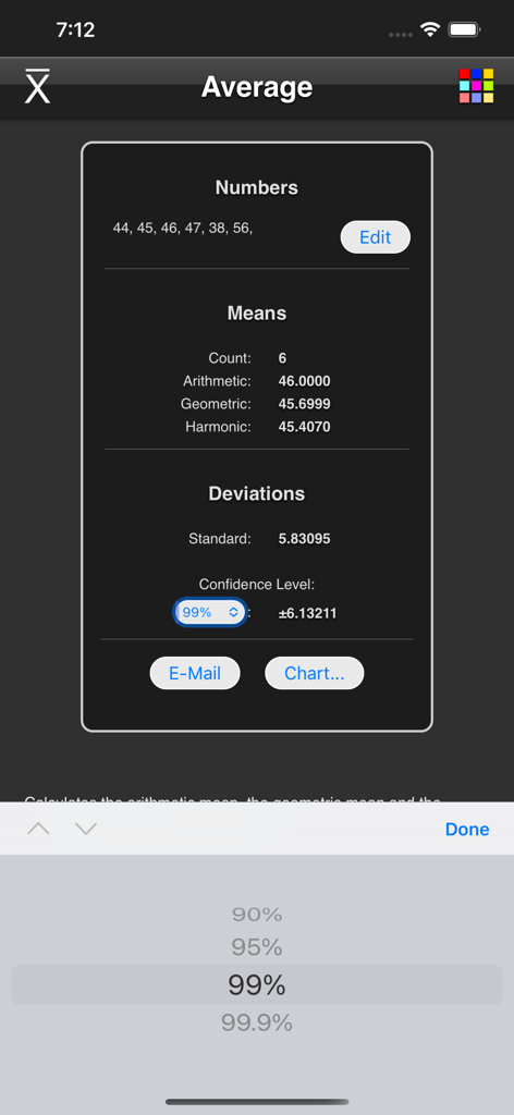 Average Calculator - 평균, 표준 편차 및 신뢰 구간을 포함한 통계 결과를 보여주는 평균 계산기 앱 인터페이스