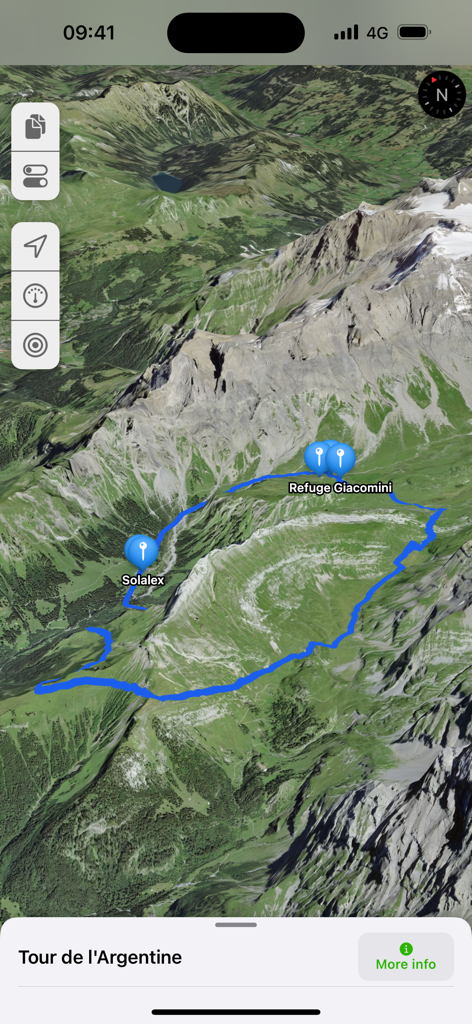 GPX viewer 2 - Vista de mapa satelital 3D que muestra un sendero de senderismo azul en las montañas con marcadores de puntos de referencia para Solalex y Refuge Giacomini