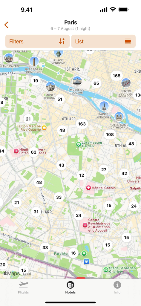 Cheap flights — Hot Deals - 旅行アプリ内のホテルの価格マーカーとランドマークアイコンを表示するパリのモバイルマップビュー