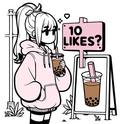 girl with oversized hoodie drinking boba and she has a high ponytail with a sign that says 10likes?