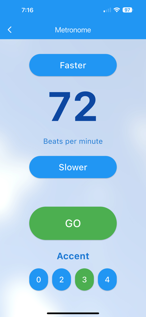 String Note Tutor - Interfaz de metrónomo en la aplicación String Note Tutor que muestra 72 pulsaciones por minuto.