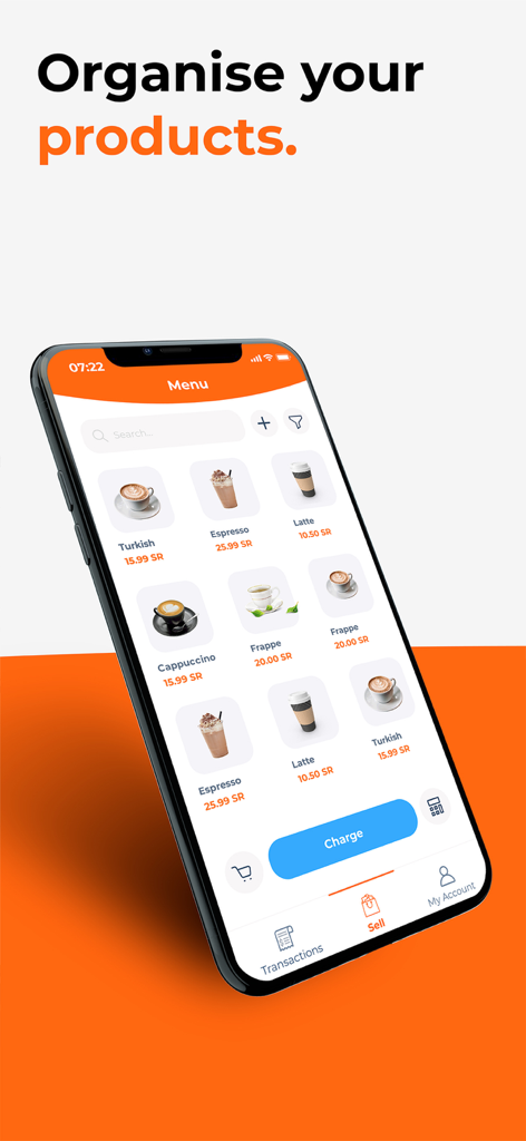 Geidea SoftPOS - A smartphone displaying the Geidea SoftPOS app menu with various coffee items and their prices.