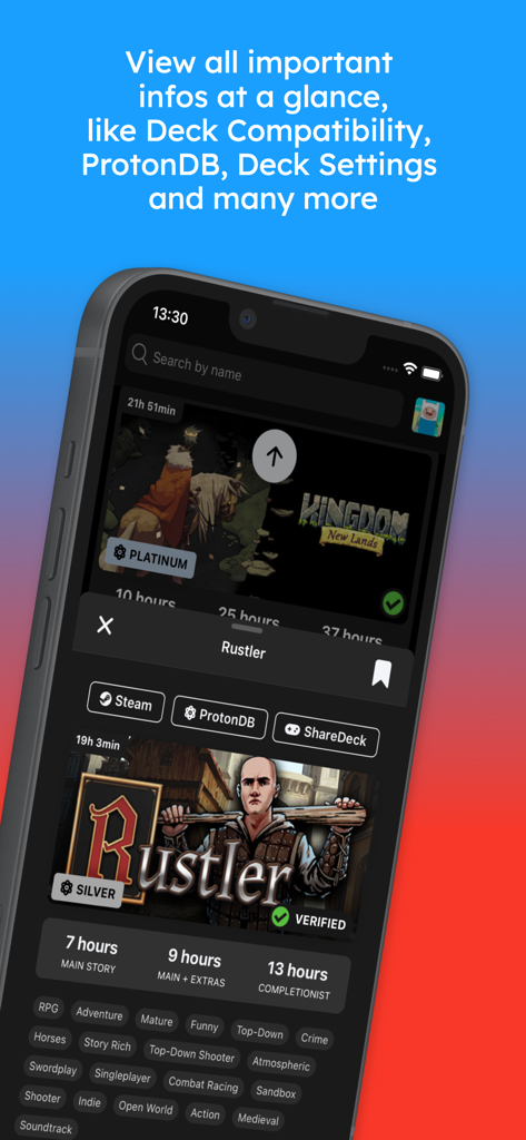 DeckFilter - App mobile DeckFilter che mostra i dettagli del gioco per Rustler, inclusi valutazione ProtonDB, stato Deck Verified e tempo di completamento.