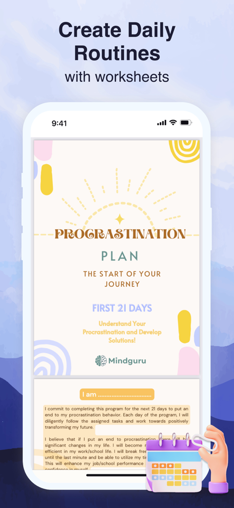 Mindguru Life - La aplicación Mindguru Life muestra una hoja de trabajo del plan de procrastinación de 21 días para crear rutinas diarias.