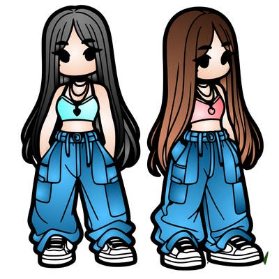 girl in baggy pants crop top and long hair