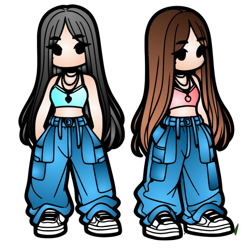 girl in baggy pants crop top and long hair