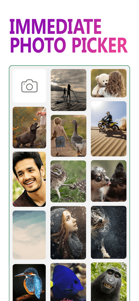 Tela mostrando o recurso de seleção imediata de fotos com uma grade de imagens diversas para criação de colagens no aplicativo Mix Pics.