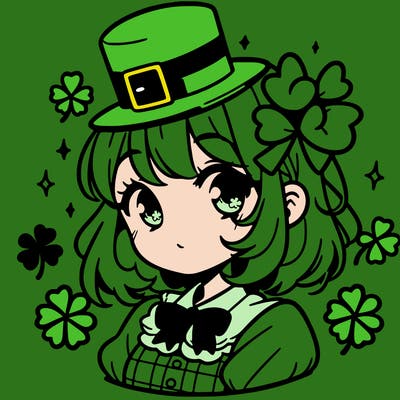 a manga-style girl with clovers around her, a little hat in her hair, like it's saint patrick's day