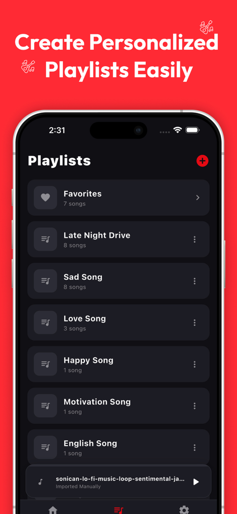 Music Player - Offline Audio - Schermata di uno smartphone che visualizza la sezione Playlist dell'app Music Player Offline Audio con varie categorie personalizzate.