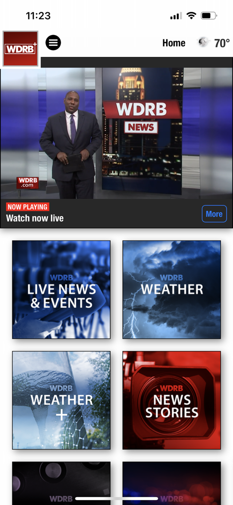 WDRB+ - WDRB plus app interface showing a live news broadcast and sections for weather and local news stories.