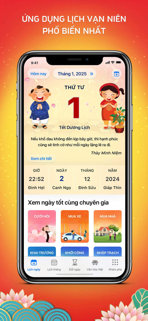 Lịch Vạn Niên 2026, Lịch Âm - Screenshot of the Lịch Vạn Niên 2026 mobile app showing the lunar calendar and auspicious dates for life events.