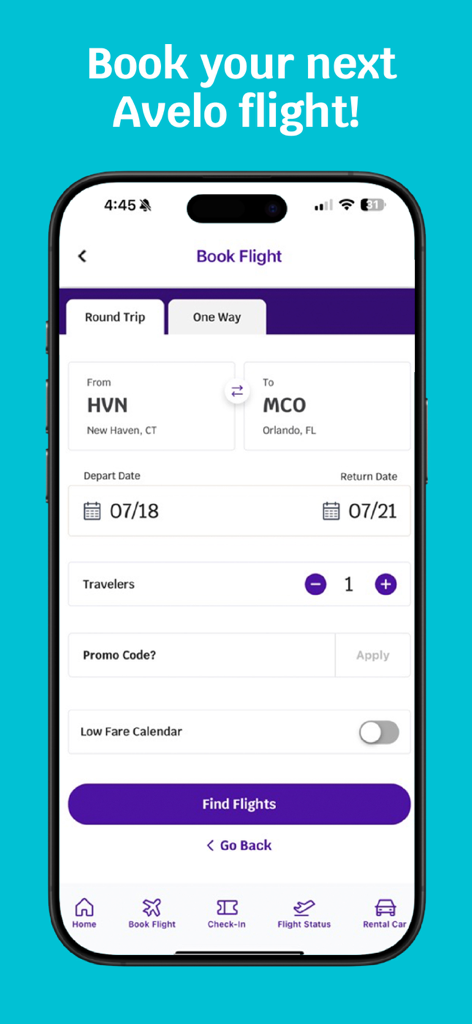 Avelo - Avelo Airlines mobile app interface showing a flight search from New Haven to Orlando