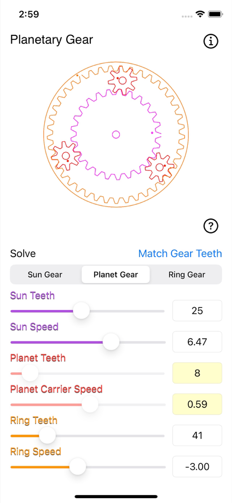 Planetary Gear Calculator - Oberfläche der Planetengetriebe-Rechner-App, die ein Getriebediagramm und Berechnungsschieberegler für Sonnen-, Planeten- und Hohlräder zeigt.