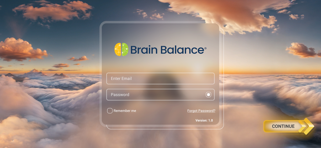 Brain Balance Cognitive App - Pagina di accesso all'App Cognitiva Brain Balance con campi email e password su uno sfondo suggestivo di nuvole