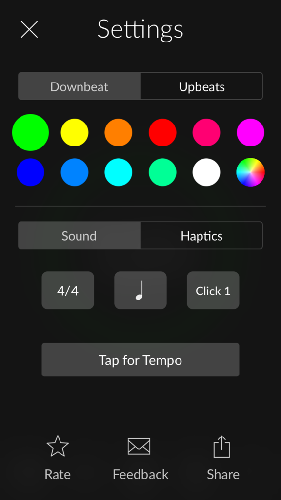 Pulse - Metronome & Tap Tempo - Settings screen of the Pulse metronome app featuring color themes haptic feedback and tap for tempo options