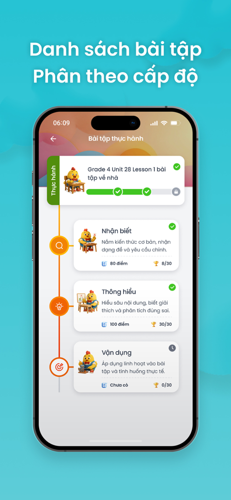 Mobile screen showing English practice exercises organized by difficulty levels with reward points and trophies