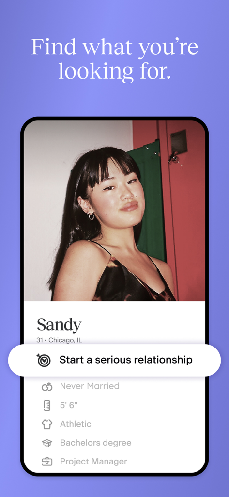 Exemplo de um perfil do aplicativo de namoro Match mostrando uma mulher profissional procurando um relacionamento sério.