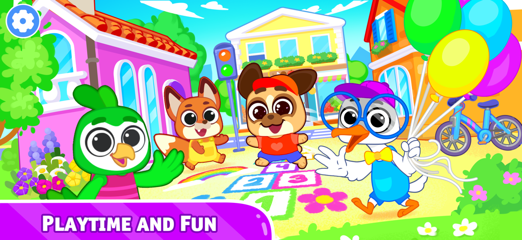 Personagens fofinhos de animais de desenho animado brincando em uma cidade brilhante e colorida com amarelinha e balões