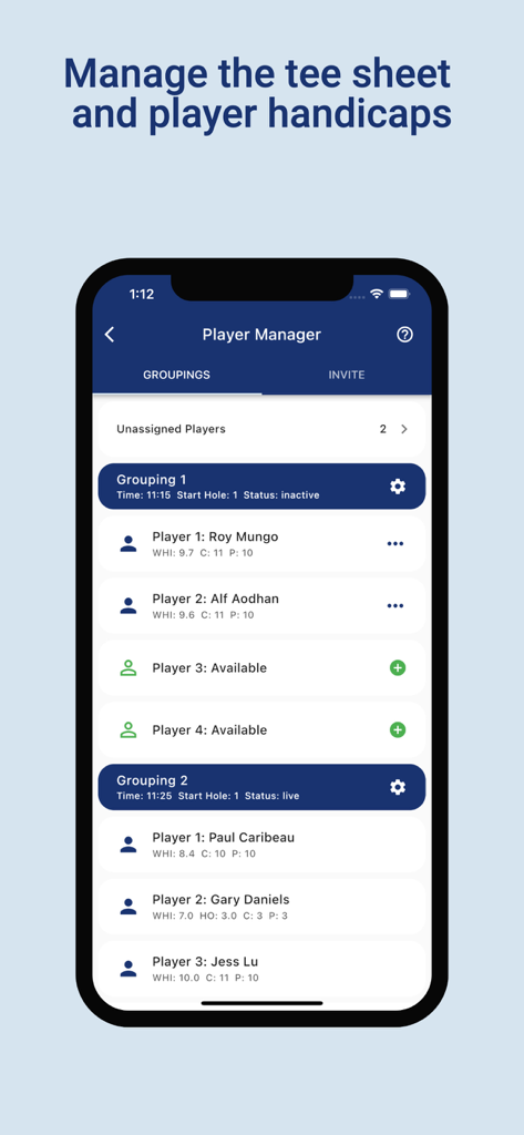 Golfify - Golf Tournament App - Golfify app interface showing the Player Manager screen where organizers can manage tee sheets, groupings, and player handicaps.