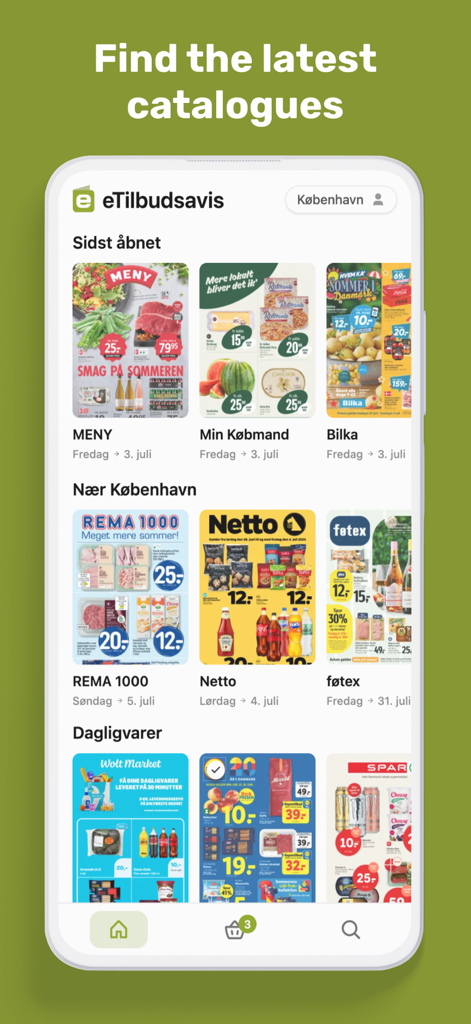 eTilbudsavis - 다양한 디지털 매장 카탈로그와 주간 식료품 할인 정보를 보여주는 eTilbudsavis 앱의 스마트폰 화면